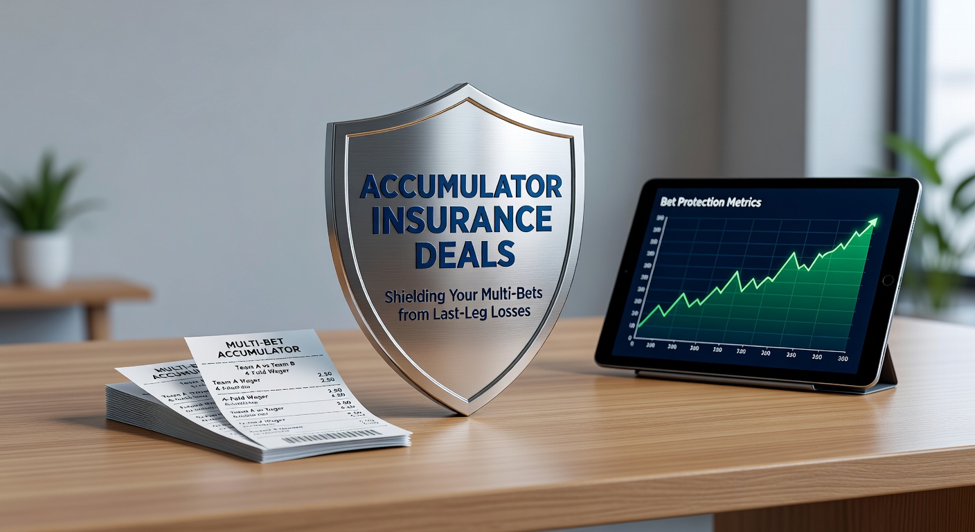 Vibrant graphic showing a chain of bet selections with a protective shield blocking a final leg failure, symbolizing accumulator insurance in action