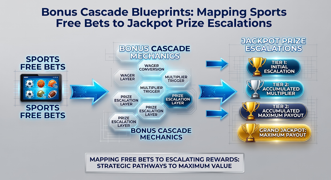 Detailed cascade flowchart from free bet activation to jackpot win escalation on a betting app interface