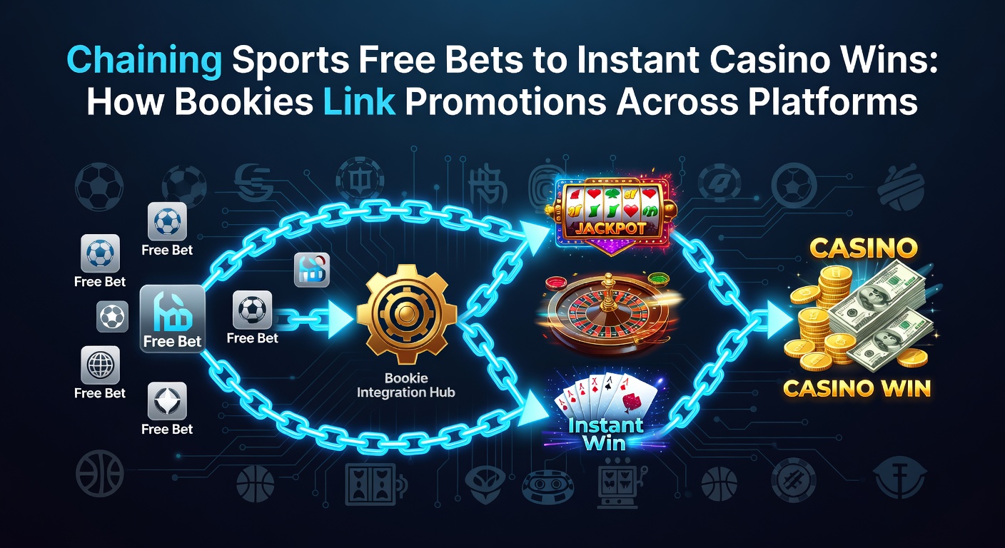 Graphic showing interconnected sports betting and casino promotions with chains linking free bets to instant wins