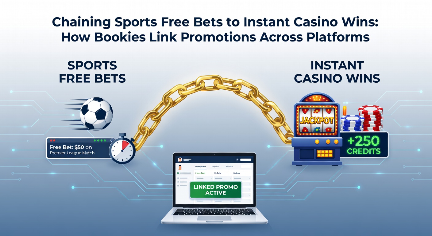 Illustration of a promotional chain linking a sports free bet win to a casino slot jackpot, with arrows showing the flow