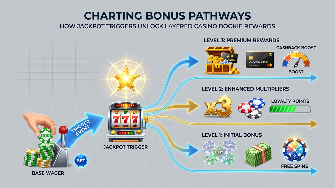 Illustration of layered casino rewards where jackpot events cascade into bookie bonus structures and loyalty escalations