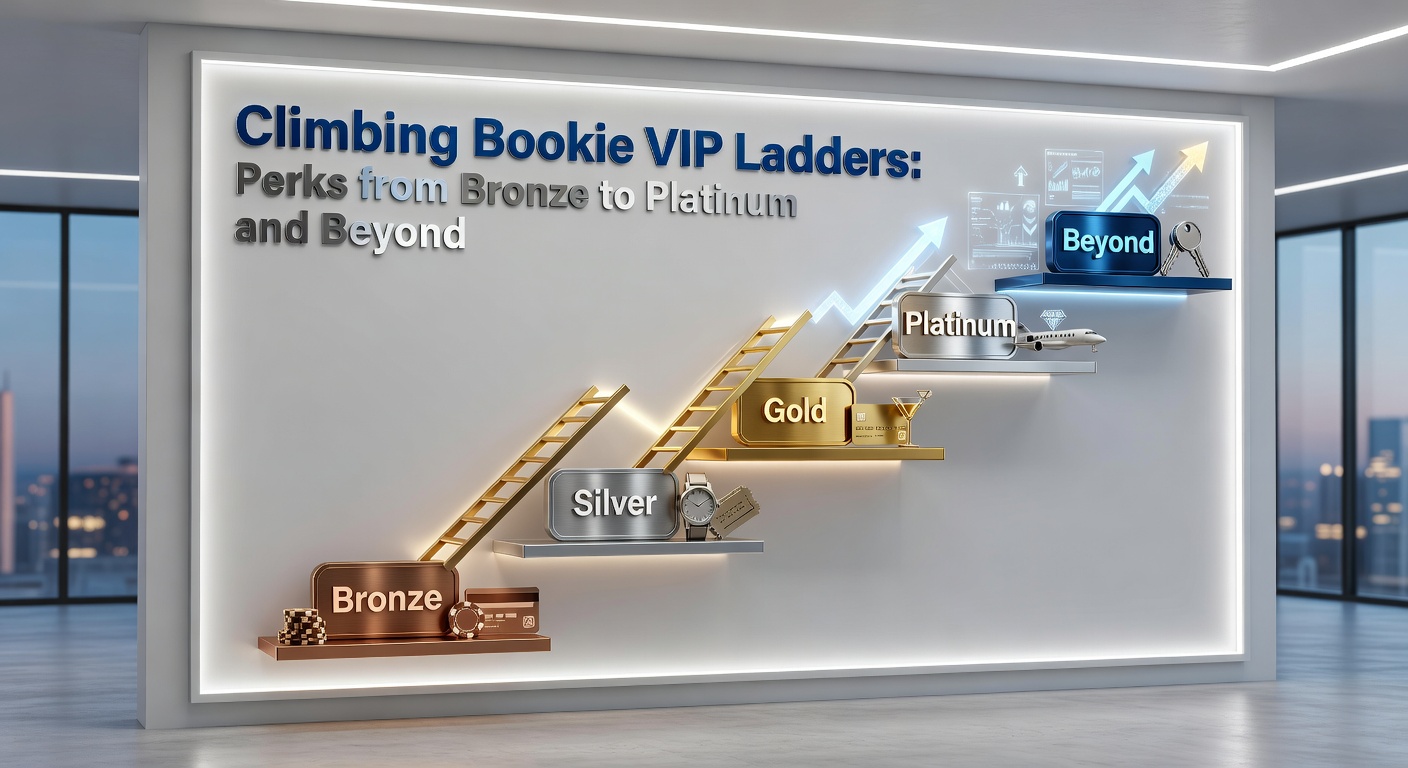 Graphic illustration of a multi-tiered VIP ladder in online betting, showing bronze base rising to platinum and diamond summits with reward icons along teh way