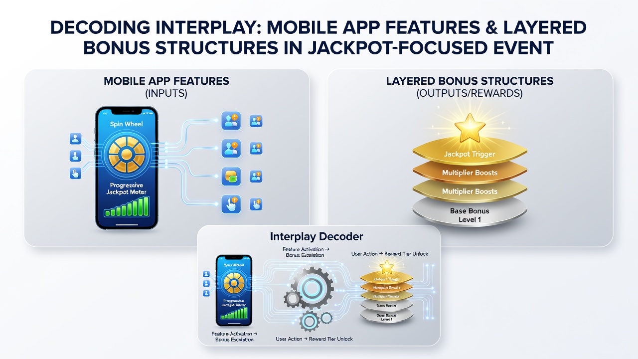 Diagram illustrating how app features connect to multi-tiered jackpot bonuses