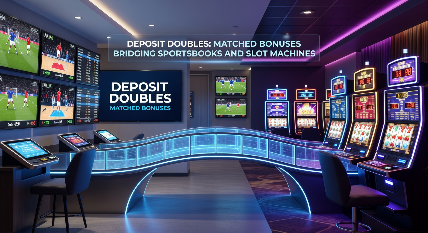 Graphic showing a deposit doubling into sports betting chips and slot machine reels, illustrating matched bonus crossover