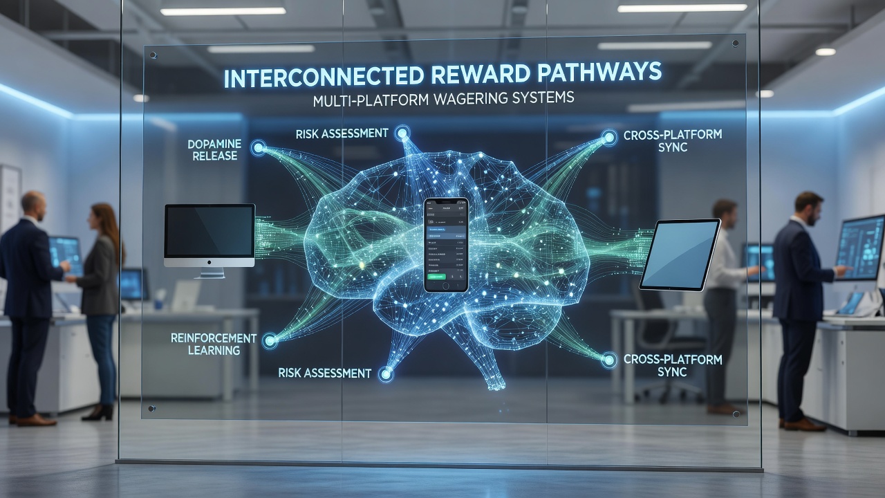 Illustration of user journey across mobile, desktop, and tablet interfaces with shared loyalty metrics