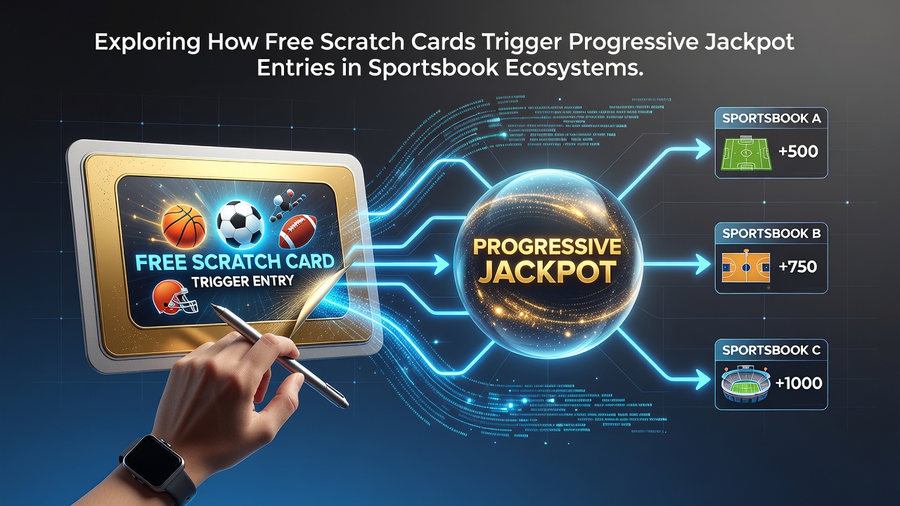 Diagram showing free scratch cards connecting to progressive jackpot pools within a sportsbook platform interface