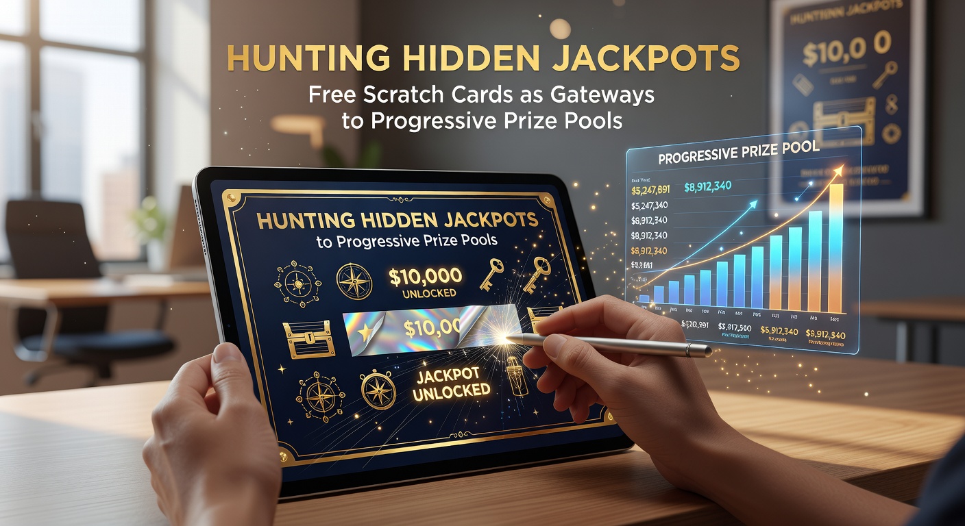 Close-up of a player's finger digitally scratching a free card on a smartphone screen, with a progressive jackpot counter exploding in coins and lights nearby