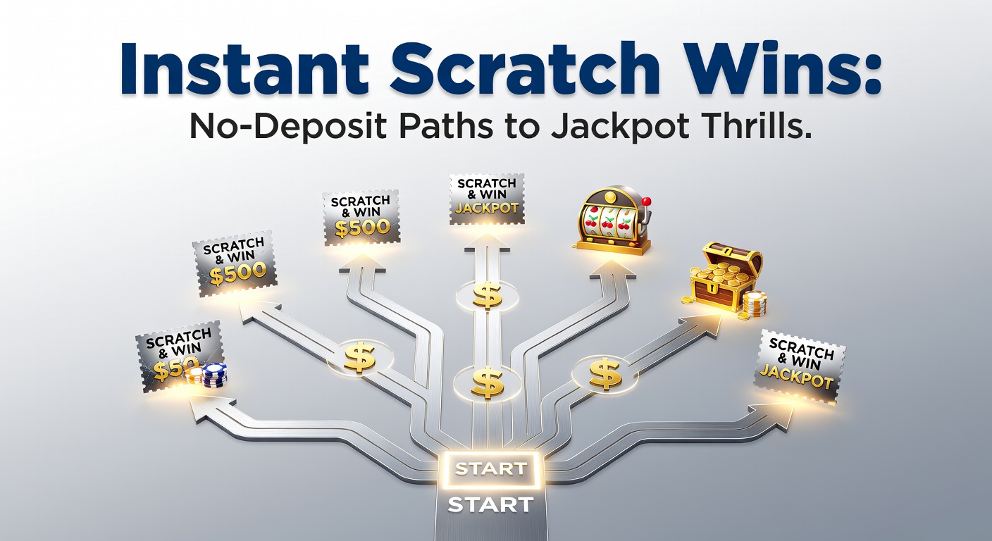 Player's hand virtually scratching a no-deposit instant win card on a smartphone screen, uncovering a cash prize amid colorful animations