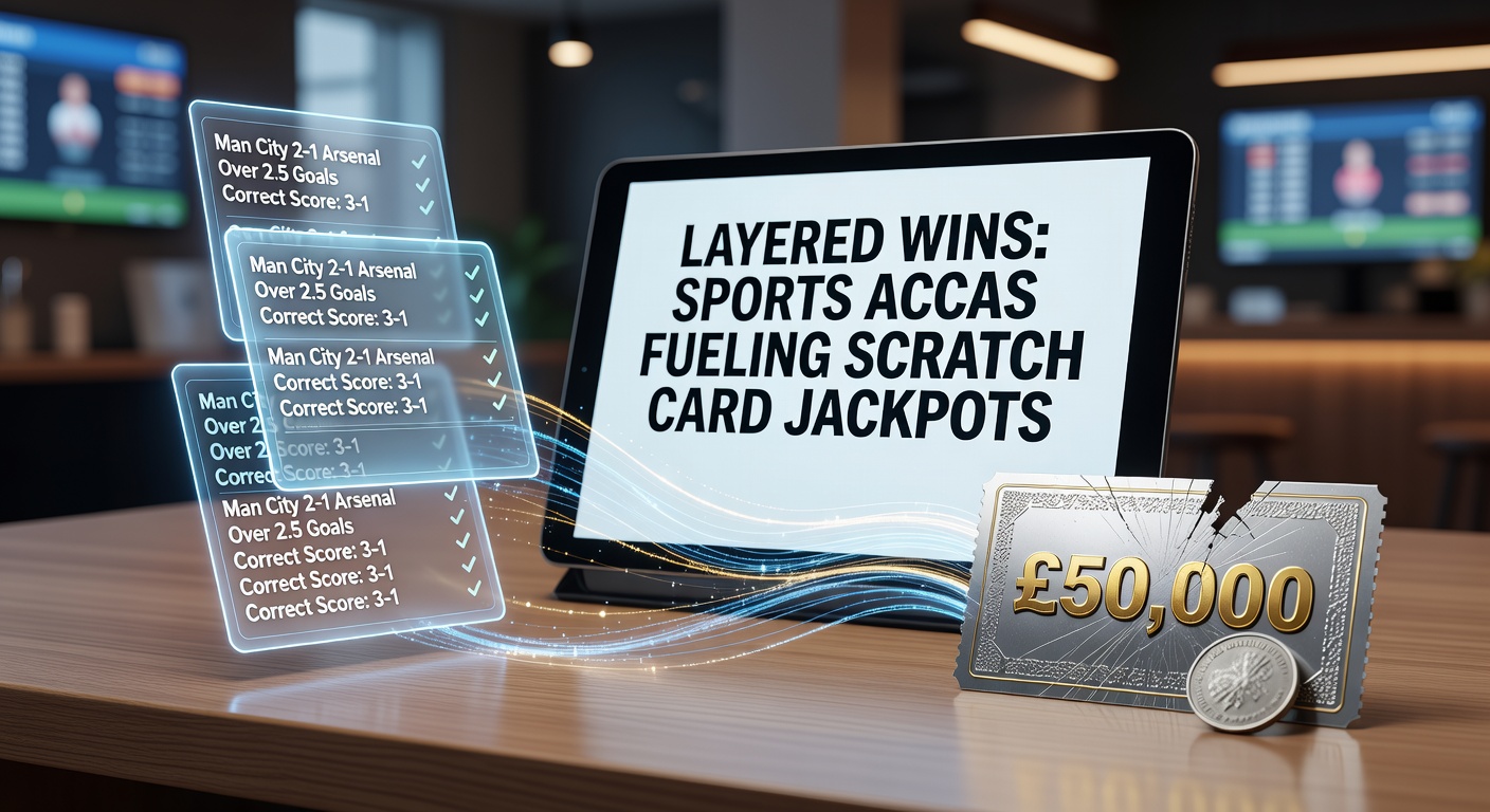 Vibrant illustration of a sports accumulator bet transforming into a glowing scratch card jackpot win, with layered elements symbolizing combined strategies