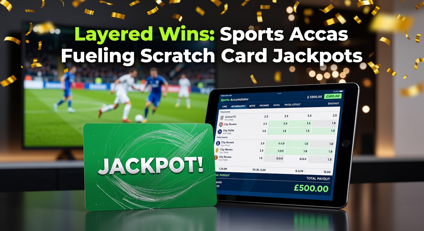 Dynamic close-up of a hand scratching off a digital card revealing a massive jackpot, overlaid with sports betting slips in the background