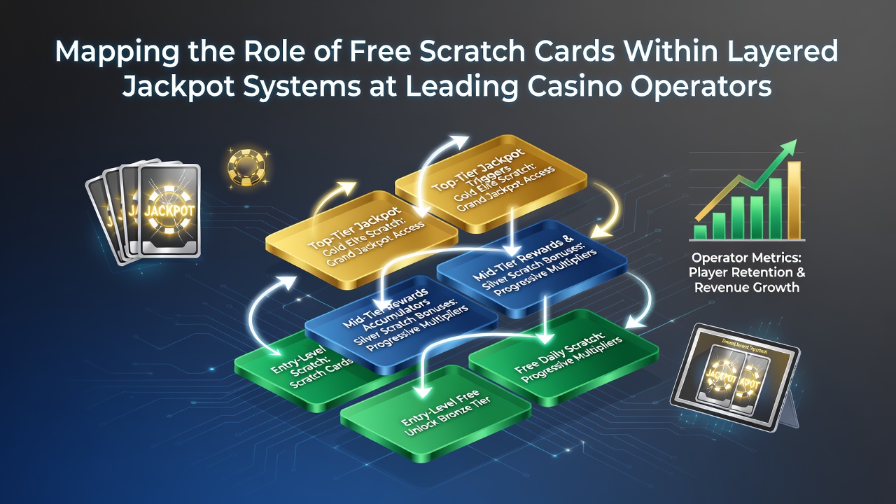 Diagram showing layered jackpot tiers connected to free scratch card entry points at major casino platforms