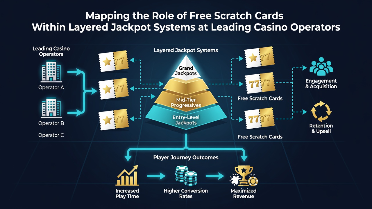 Screenshot of casino software interface displaying free scratch card results feeding into a three-tier jackpot display