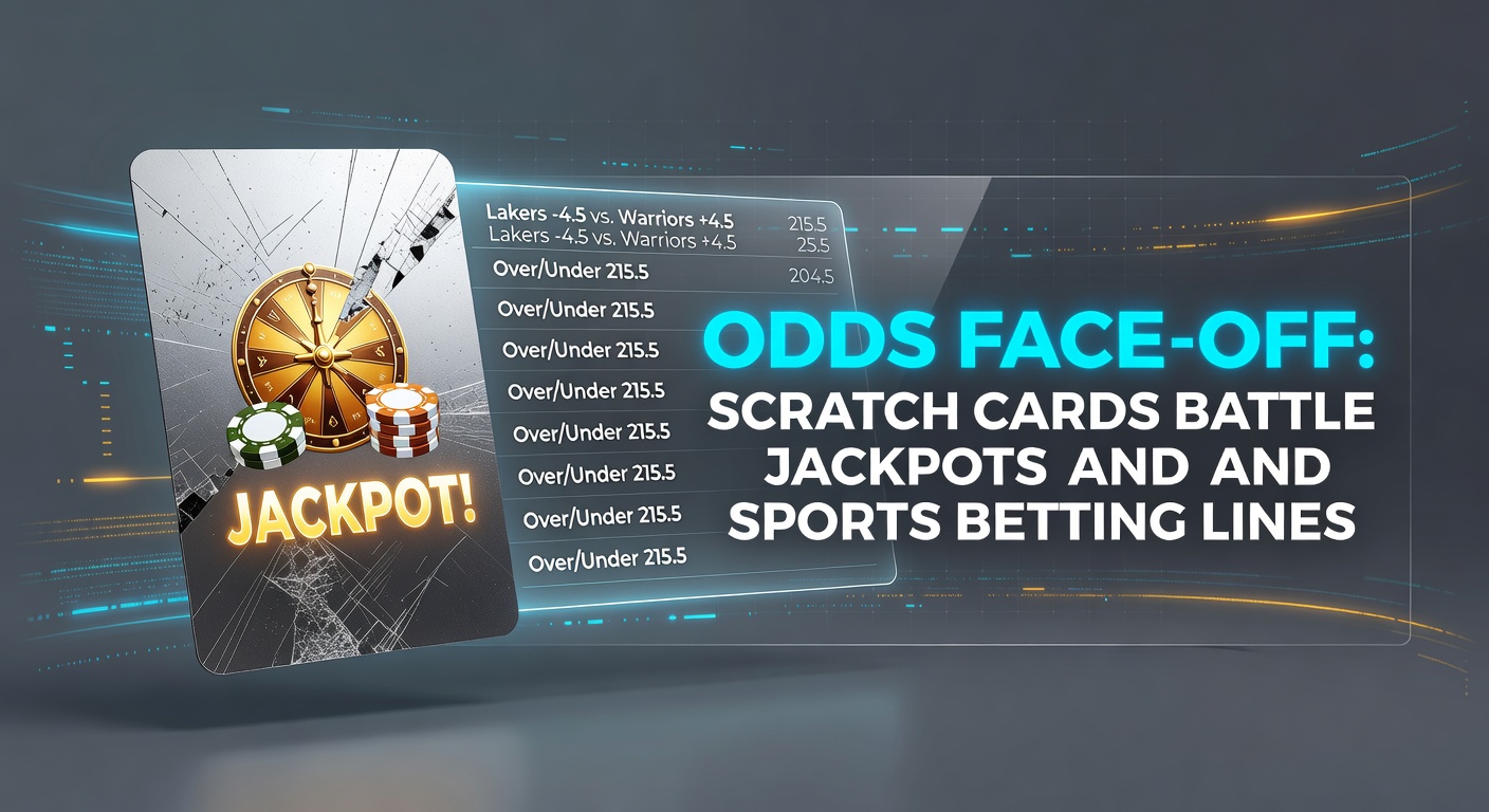 Vibrant graphic pitting scratch cards against glowing jackpot slots and dynamic sports betting odds boards