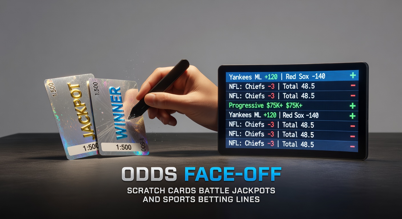 Close-up comparison chart of scratch card prizes, jackpot meters, and sports betting payout slips