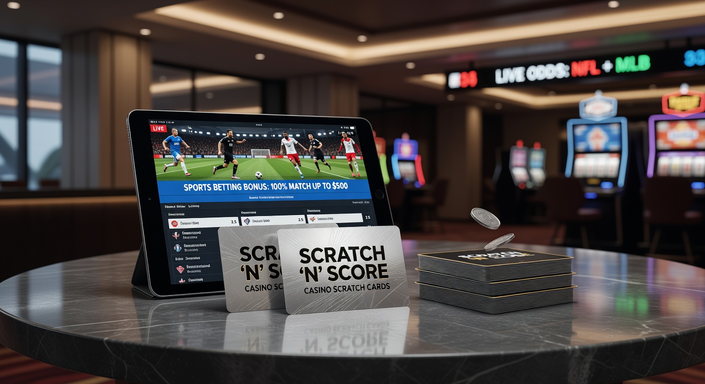 Close-up of a winning scratch card reveal transitioning into sports betting slips, with bonus icons glowing