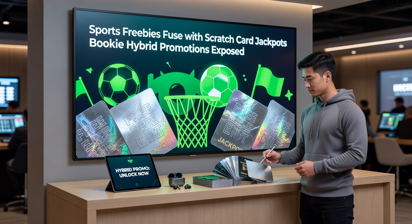 Close-up of a mobile screen showing a hybrid promo: sports free bet confirmation alongside a freshly scratched jackpot card revealing a win