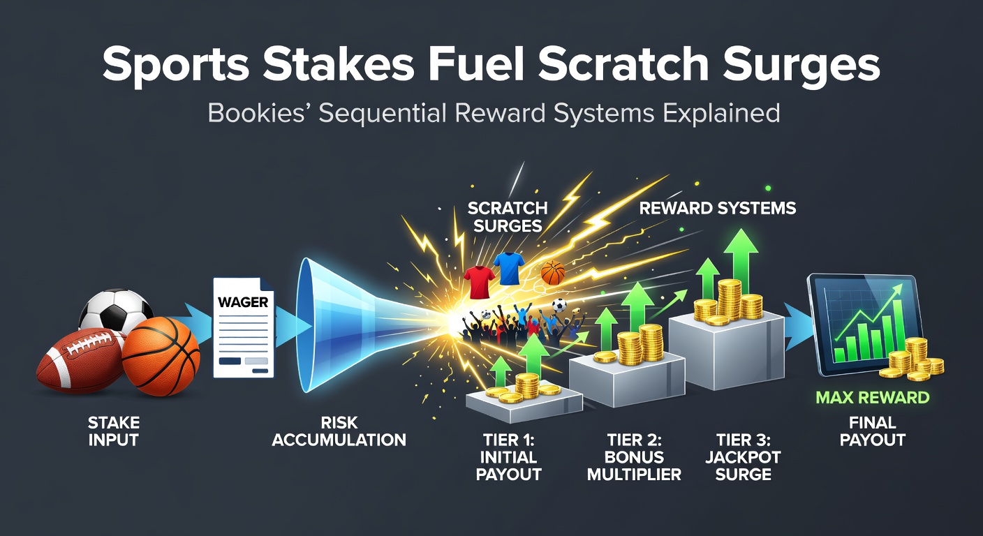 Graphic showing a chain reaction from sports betting stakes to exploding scratch card rewards, with icons of footballs, horses, and winning scratch tickets linked by reward arrows