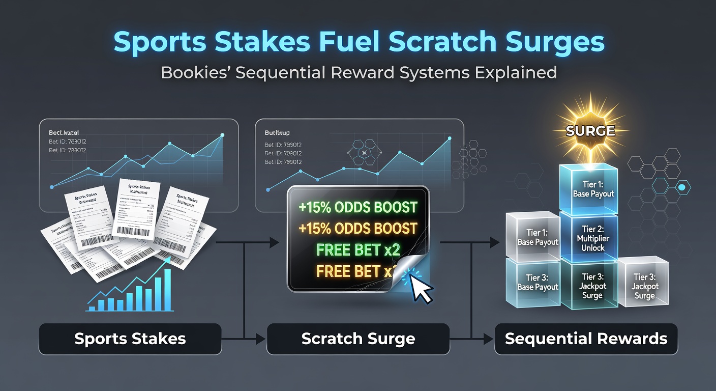 Illustration of a sequential reward flowchart: sports bet icons flowing into free bet tokens, then branching to colorful scratch cards bursting with prize symbols like cash stacks and jackpots