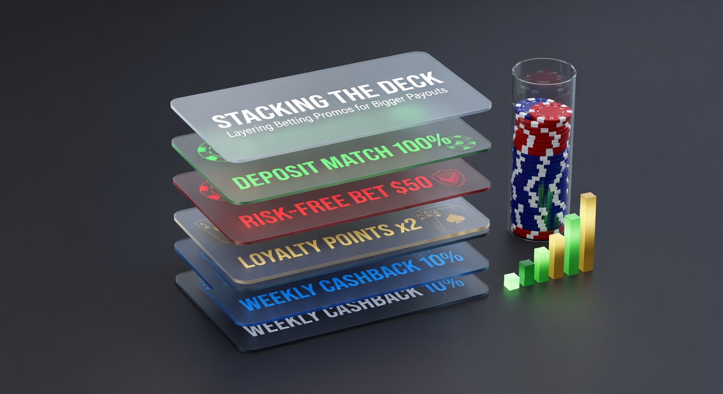 A stack of colorful betting chips next to promotional banners, symbolizing layered betting offers