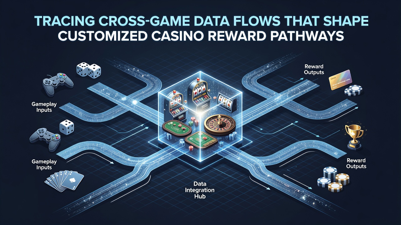 Visualization of interconnected data streams flowing between different casino game interfaces and central reward systems