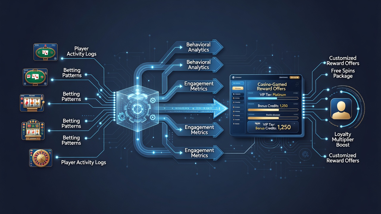 Diagram illustrating player profile nodes connected to multiple game categories and resulting personalized reward outputs