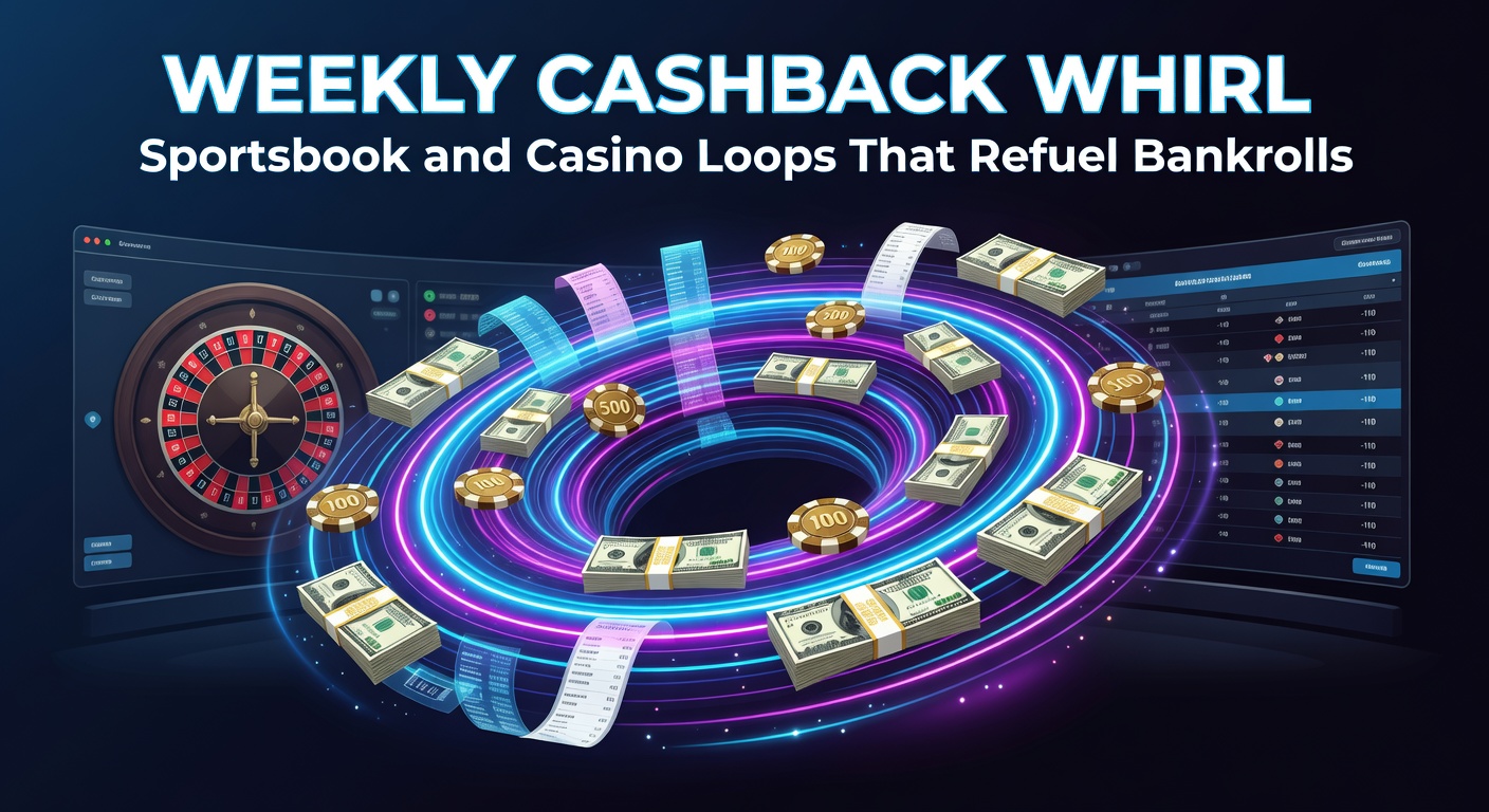 Vibrant graphic showing a whirlwind of cashback icons swirling around sports betting slips and casino chips, symbolizing the refueling of player bankrolls through weekly promotions