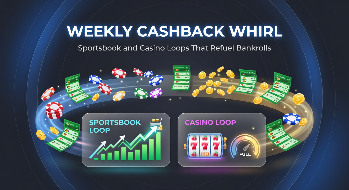 Dynamic illustration of a looping cashback cycle with sportsbook tickets transforming into casino coins and back, highlighting the weekly refueling process amid glowing bankroll meters